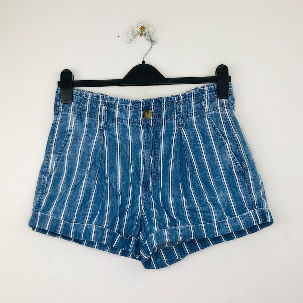American Eagle Women's 2 Shorts Blue Striped Paperbag Pleated Cuff Chambray CE26